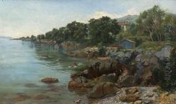 Badende An Felsiger Kuste
 (maremma). Oil Painting by Serafino Da Tivoli