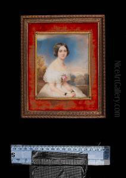 A Young Lady, Seated In A 
Landscape, Wearing White Dress With Falling Lace Collar, Pink Rose At 
Her Corsage, Pearl Necklace, Gold And Black Ribbon Bracelets And Ivy In 
Her Dark Hair. Oil Painting by Moritz Michael Daffinger