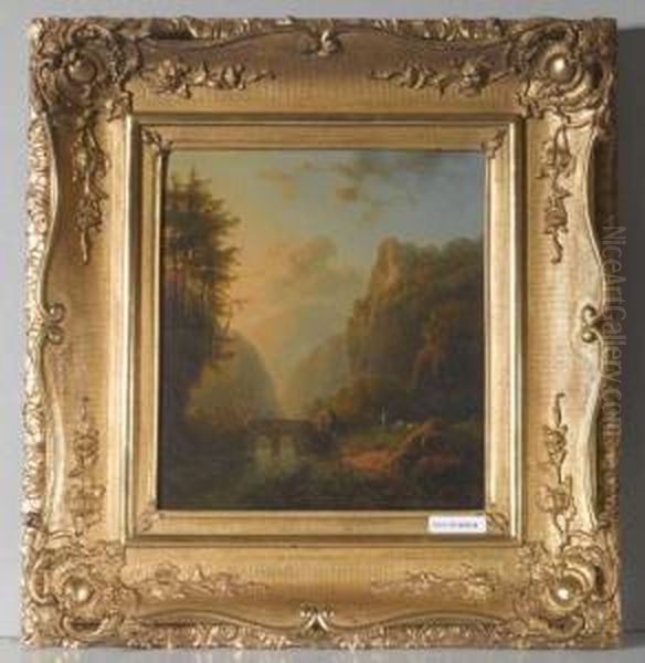 Berglandschaft Mit Viadukt. Oil Painting by Alexander Joseph Daiwaille