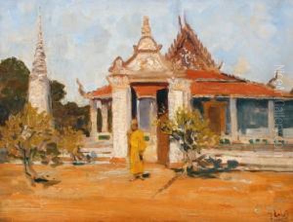 Monnik Voor Een Tempel Inpnom Penh Oil Painting by Carel L. Ii Dake
