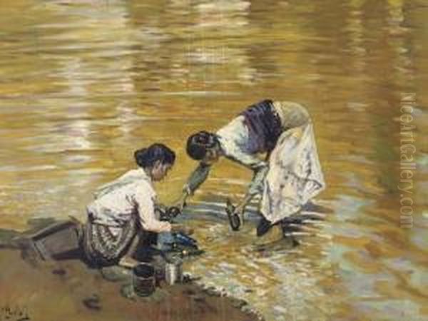 Women Filling Bottles By A Lake Oil Painting by Carel L. Ii Dake