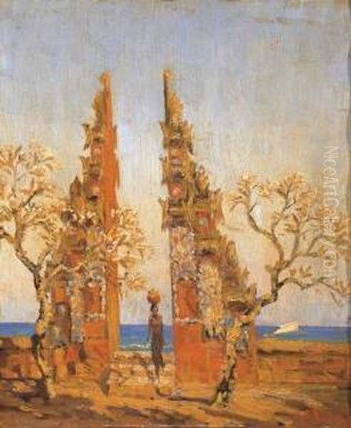 A Girl At The Entrance Of The Pura With A View Of The Sea Oil Painting by Carel L. Ii Dake