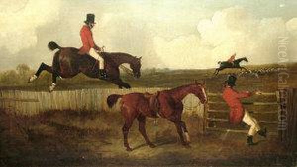 Hunting Scene With A Lame Horse 
And Rider Pursing On Foot And A Rider Taking A Fall At The Ditch Oil Painting by John Dalby