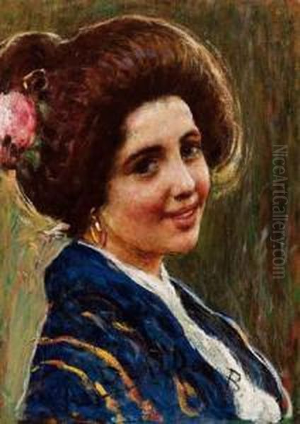 Ragazza Con Scialle Oil Painting by Angelo Dall'Oca Bianca