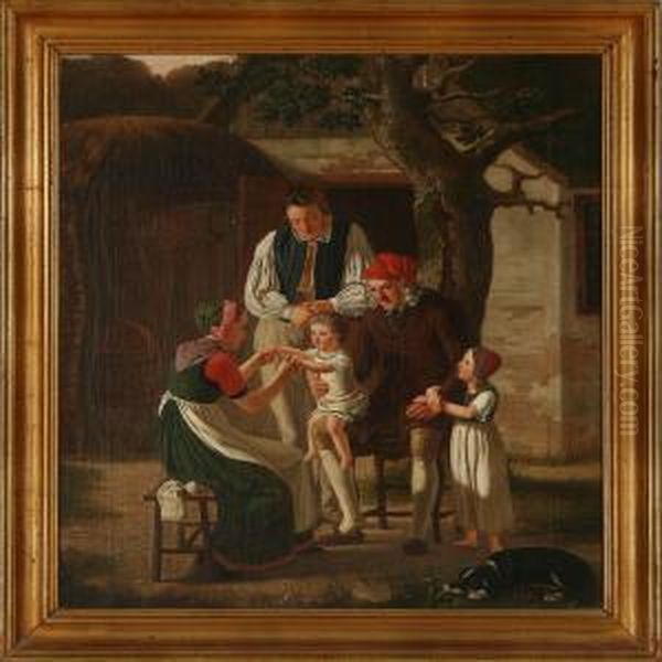 Farm Exterior From Zealand With A Family Gathered Aroundthe Youngster Oil Painting by Christen Dalsgaard