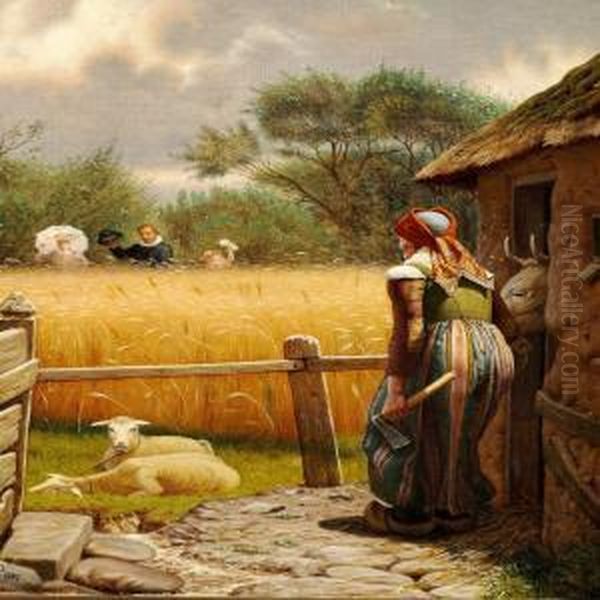 An Old Woman Is Greeting Her Friends Who Are Passing By Oil Painting by Christen Dalsgaard