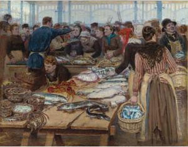 Les Halles; Criee Au Poisson (fish Auction At Les Halles) Oil Painting by Edouard Jean Dambourgez