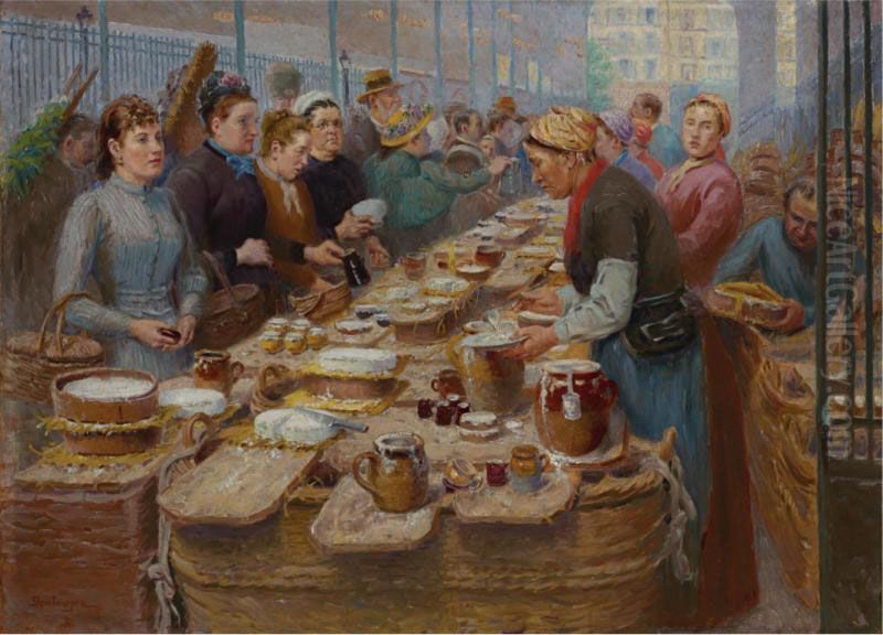 Marchandes De Creme Et De 
Fromage Blanc Aux Halles (cream And Cheese Sellers Of Les Halles) Oil Painting by Edouard Jean Dambourgez