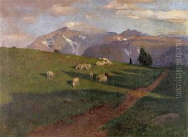 Weidende Schafe Auf Der Hochalm Oil Painting by Constantin Damianos