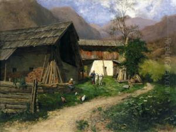 Bergbauernhof Mit Figuraler Staffarge Oil Painting by Constantin Damianos