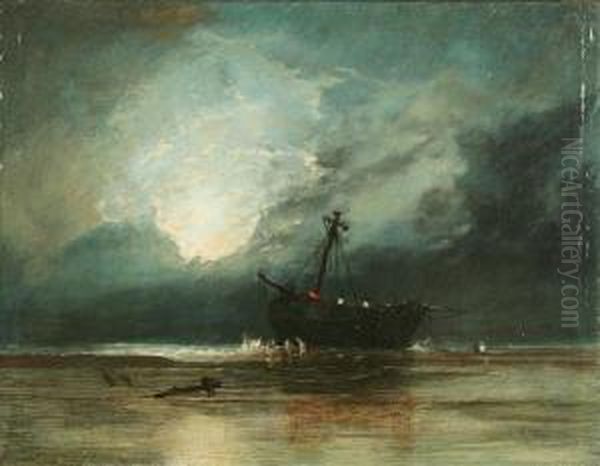 Moon Rising Above A Beached Vessel Oil Painting by Francis Danby