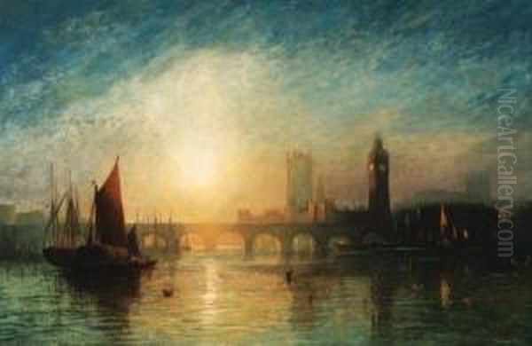 View Of Westminster Bridge And 
The Houses Of Parliament, With A Haybarge And Other Shipping In The 
Foreground Oil Painting by Francis Danby