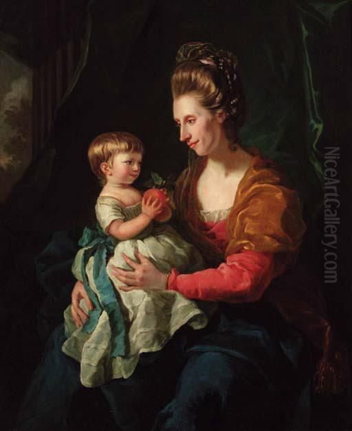 Portrait Of Elizabeth, Lady 
Pennyman, Three-quarter-length, In Ared Dress, Resting A Child On Her 
Lap Holding An Orange, A Columnbeyond Oil Painting by Sir Nathaniel Dance-Holland