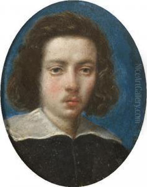 Portrait Of A Gentleman, Head 
And Shoulders, Wearing Black With A White Ruff, With A Blue Background Oil Painting by Cesare Dandini