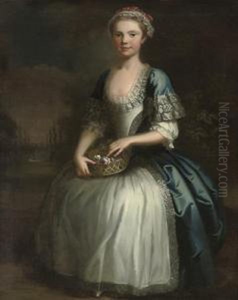 Portrait Of A Girl, Full-length,
 In A Blue Dress And Pink And White Lace Bonnet, Holding A Basket Of 
Flowers, In A Formal Garden Oil Painting by Bartholomew Dandridge