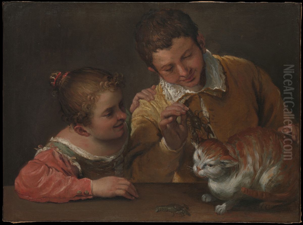 Two Children Teasing a Cat Oil Painting by Annibale Carracci