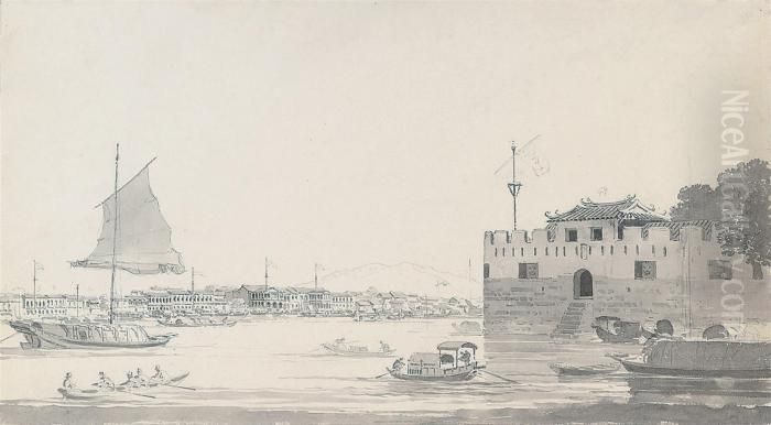 A View Of The European Factories
 And Dutch Folly Fort, Canton From The South West Side Of The Canton 
River Oil Painting by Thomas Daniell