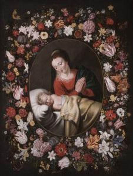 Madonna Mit Dem Schlafenden 
Christusknaben In Einem Kranz Aus Rosen, Tulpen, Lilien Und Anderen 
Blumen Oil Painting by Andries Daniels or Danielsz