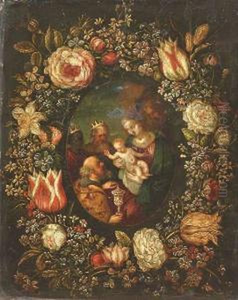 A Girdle Of Flowers Around A Medallion With The Adoration Of The Three Magi. Oil Painting by Andries Daniels or Danielsz
