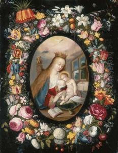 A Garland Of Flowers Surrounding A Medallion Of The Virgin Andchild Oil Painting by Andries Daniels or Danielsz