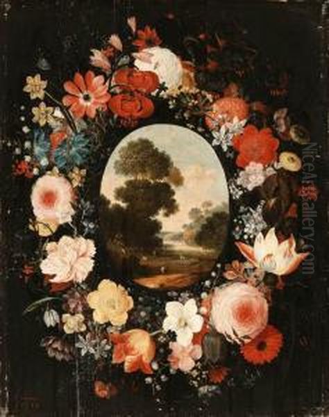 Daniels, A.
A Pastoral Landscape Surrounded By A Wreath Of Flowers Oil Painting by Andries Daniels or Danielsz