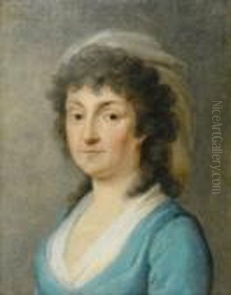 Portrait, Bust-length, Of A 
Young Lady In A Blue Robe, Her Dark Pinned-up Hair Covered By A Veil. 
Oil On Canvas. Relined. 23,5 X 18,5cm. Framed. Oil Painting by Henri Pierre Danloux