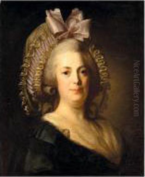 Portrait Of A Woman, Head And 
Shoulders, Wearing A Black Dress, With A White Bonnet And Pink Ribbon Oil Painting by Henri Pierre Danloux