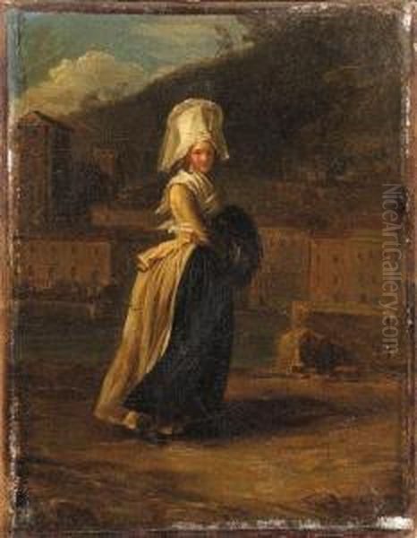 'la Coquette': A Lady Walking By
 A River, A Town Beyond; And 'latravailleuse': A Maid Sewing By A Hearth
Oil On Canvas Oil Painting by Henri Pierre Danloux
