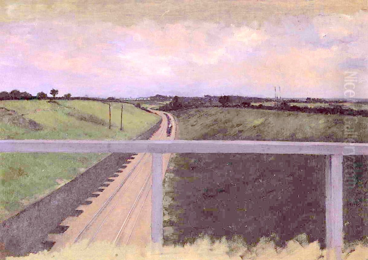 Landscape With Railway Tracks Oil Painting by Gustave Caillebotte