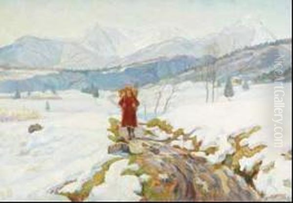 Young Girl On A Snow Covered Trail Oil Painting by Marco Davanzo