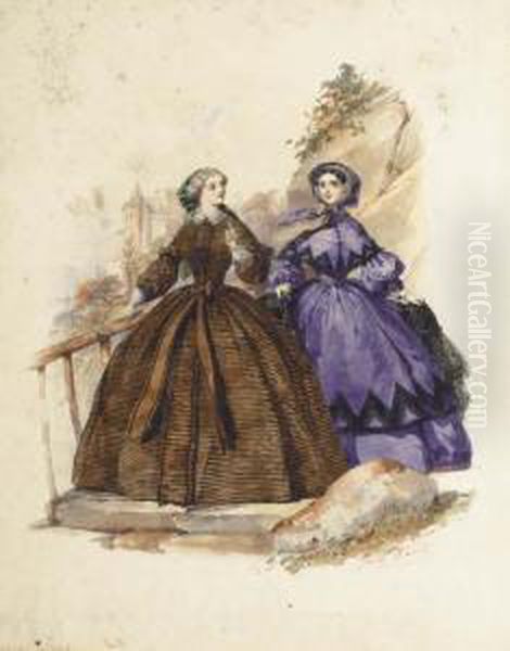 Deux Femmes Dans Un Paysage Avec
 Un Chateau Dans Le Fond; Et Deux Femmes Avec Un Enfant Dans Un 
Interieur Oil Painting by Jules David