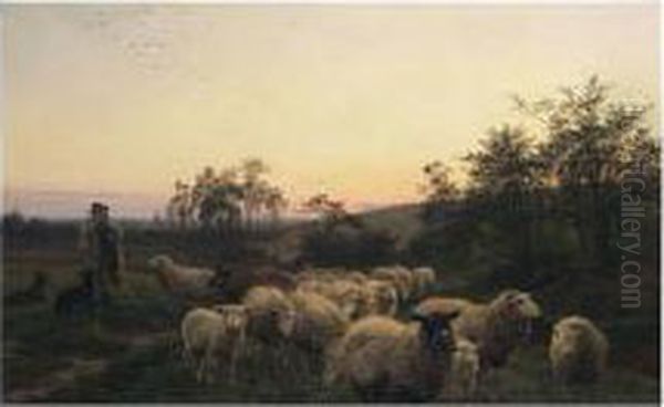 The Shepherd With His Flock Oil Painting by Henry William Banks Davis, R.A.