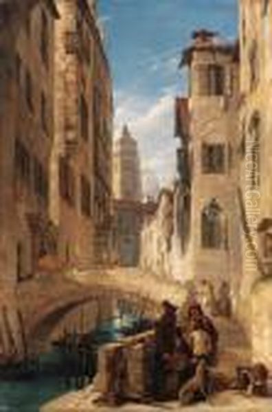 View Of A Venetian Canal With A 
Religious Procession On A Bridge,and A Monk At The Foot Of The Steps Oil Painting by John Scarlett Davis