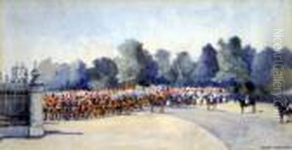 Troops At The Gates Of 
Buckingham Palace, Queen Victorias Jubilee, Signed, 7.25 X 13.75 Ins Oil Painting by Nora Davison