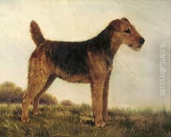 Airedale In A Landscape Oil Painting by Thomas C. S. Benham