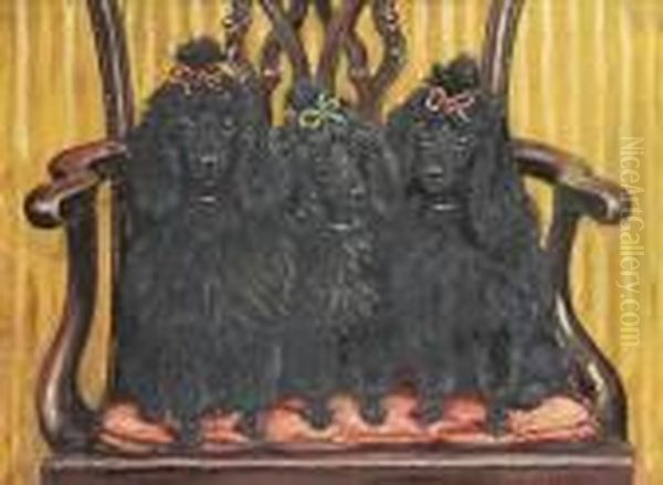 Three Of A Kind - Portrait Of Three Black Miniature Poodles Oil Painting by Thomas C. S. Benham