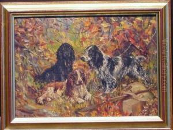 English Cocker Spaniels At Rest In A Wood Oil Painting by Thomas C. S. Benham