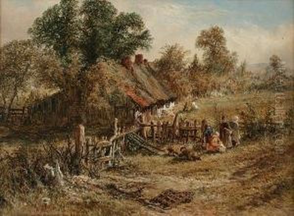 Children Playing Before A 
Cottage, Together With Another Similar, Farmers By A Barn, A Pair Oil Painting by Alfred Dawson