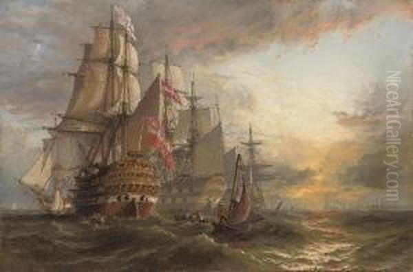 A Squadron Of Danish Warships 
Moored Off The Entrance To Portsmouth Harbour, With The Masts Of 
Shipping In The Harbour In The Distance Oil Painting by Henry Thomas Dawson