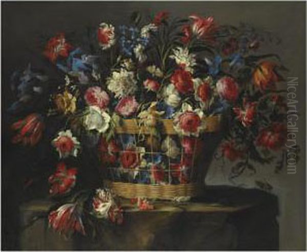 A Still Life With Carnations, 
Parrot Tulips, Roses, Iris,daffodils, Morning Glory And Lillies Of The 
Valley, All In A Basketover A Stone Ledge With Grasshoppers And A 
Butterfly Oil Painting by Juan De Arellano