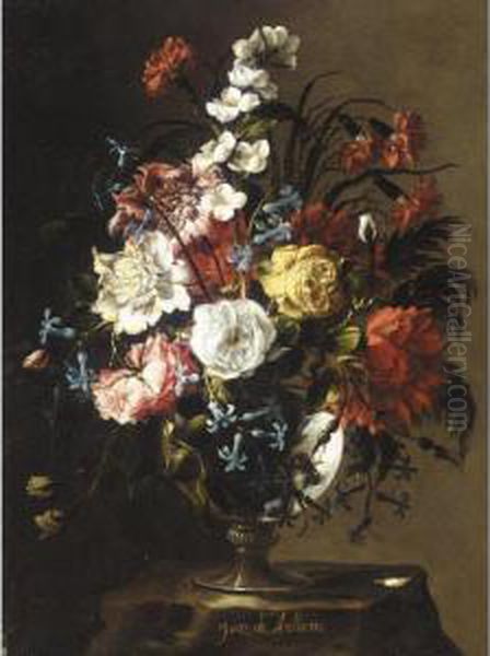 Still Life Of Roses, Carnations,
 Anemonies, Syringa, Peonies And Hyacinths In A Glass Vase, Upon A Stone
 Plinth Oil Painting by Juan De Arellano