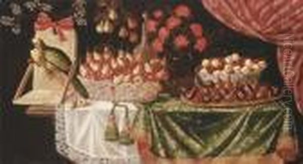 Pears And Marasca Cherries In A 
Basket, Apricots And Cherries In Aporcelain Bowl With Pears And Figs On A
 Plate, Carnations In Aglass Vase With A Parrot, Flowers And A Sprig Of 
Pear On Apartly-draped Table Oil Painting by Josefa De Ayala