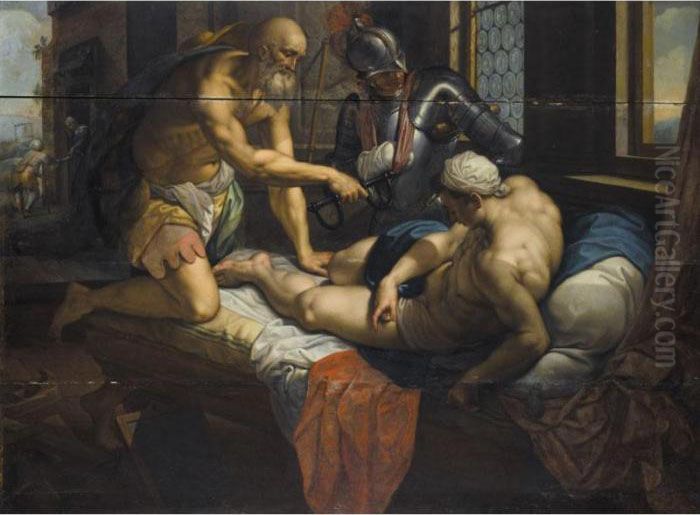 A Young Man On His Bed Being 
Shown A Pair Of Mannacles By An Older Man, Possibly St. Leonard Oil Painting by Jacob I De Backer