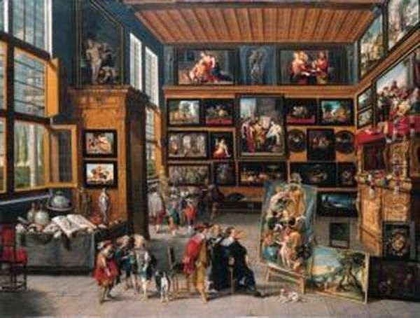 A Spacious Entrance Hall: The 
Walls Hung With Pictures, Collectors'items On Tables, And An Artist 
Showing A Painting To Aconnoisseur. Oil Painting by Cornelis de Baellieur