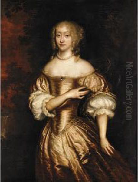 Portraits Of A Gentleman And His
 Wife, Both Half-length, He Wearing Brown And Holding A Musket With His 
Hound Beside Him, She Wearing A Gold Dress Oil Painting by Jan de Baen