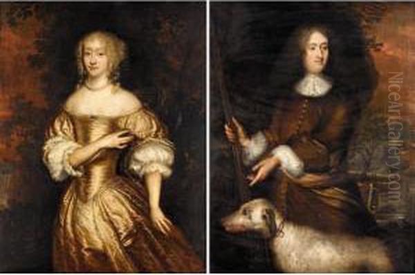 Portraits Of A Gentleman And His
 Wife, Both Half-length, He Wearing Brown And Holding A Musket With His 
Hound Beside Him, She Wearing A Gold Dress Oil Painting by Jan de Baen