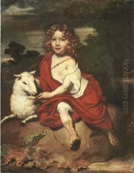 Portrait Of A Young Boy, Seated 
Full-length, With A Sheep, On A Rock, A Wooded Landscape Beyond Oil Painting by Jan de Baen