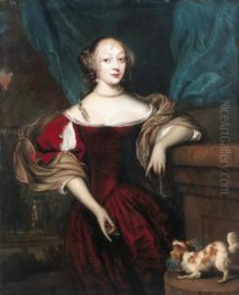 Portrait Of A Lady, Standing 
Three Quarter Length By A Drapedcolumn, Wearing A Decollete Red Dress, 
Lace Chemise, Brocade Wrapand Pearls, With Her Right Hand Pointing To 
Her Dog Oil Painting by Jan de Baen