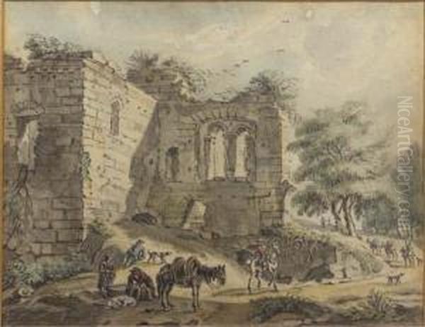 Travellers And Peasants With A 
Packhorse On A Road By A Ruined Villa; And A Horseman And Peasants By A 
Vaulted Ruin Oil Painting by Jan De Beyer