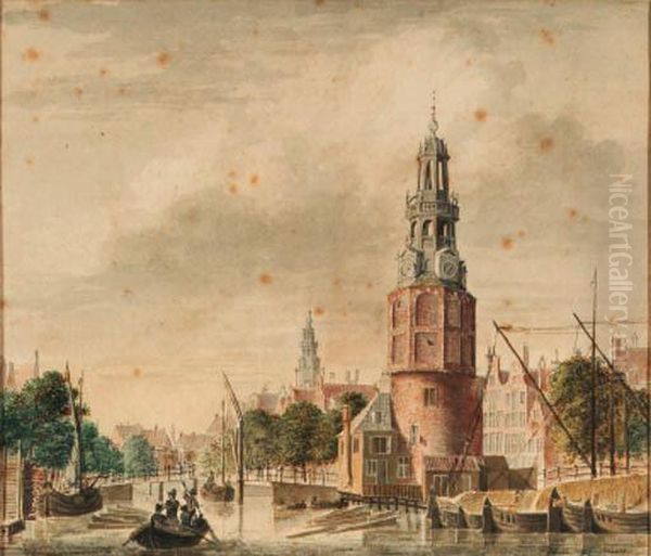 A View Of The Oude Schans With 
The Montelbaanstoren, Amsterdam, Thetower Of The Zuiderkerk Beyond Oil Painting by Jan De Beyer